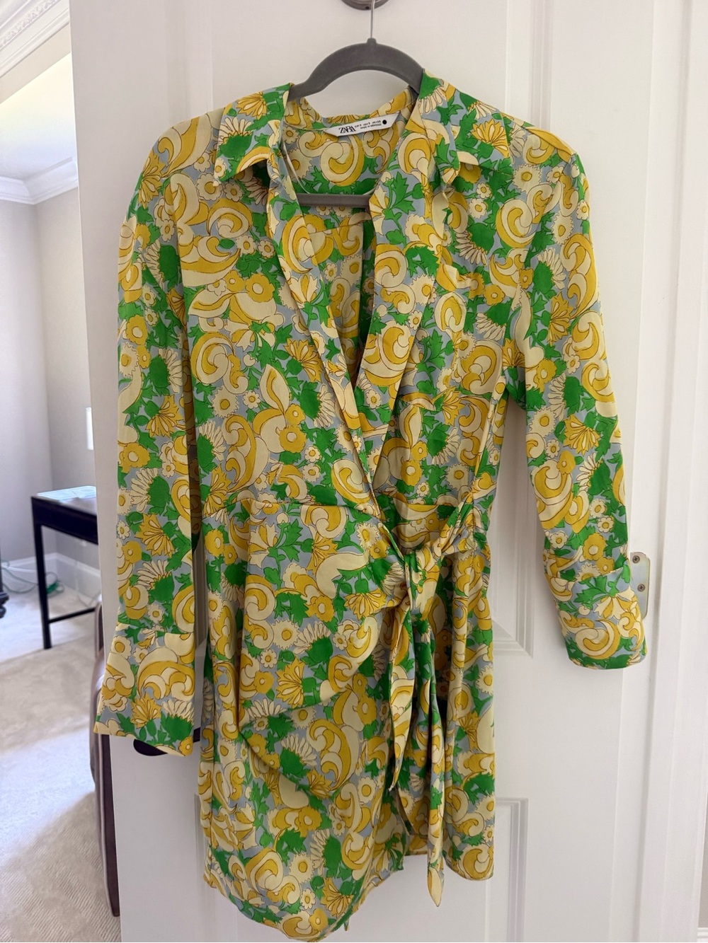 Zara Yellow & Green Floral Tie-Waist Wrap Dress